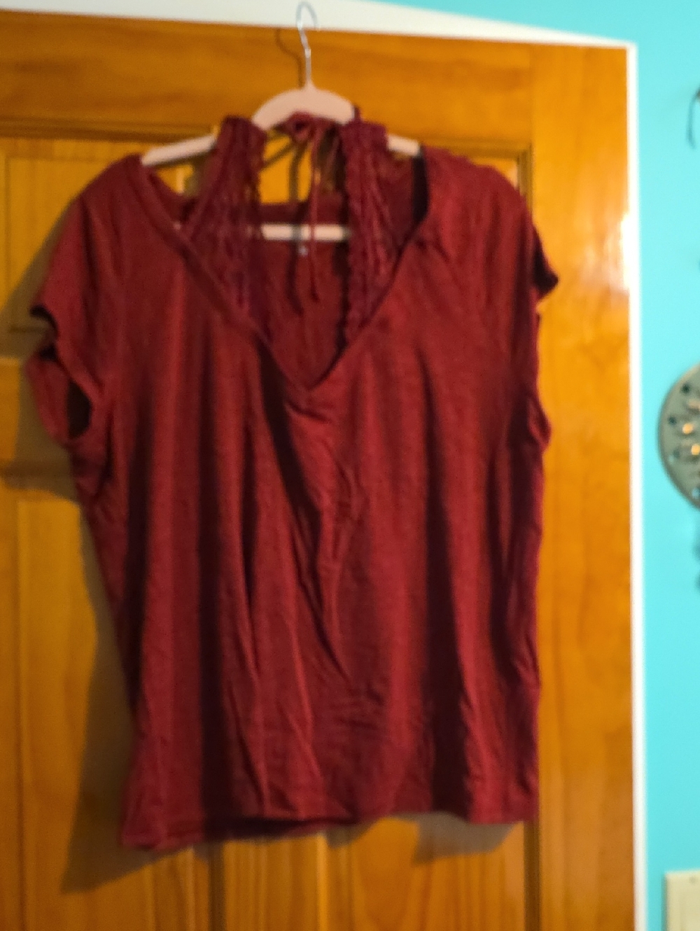 torrid Burgundy V-Neck Short Sleeve Top with Lace Back Detail